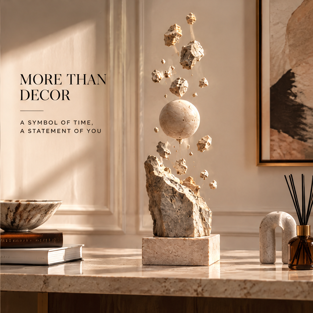 ART IN MOTION – Close-up of stone sphere suspended by gold pin, highlighting Dynamic Time Trajectory, Premium Natural Stone, Handcrafted Artistry and Timeless Collection Piece