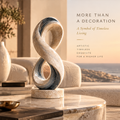 The End Connects the Beginning sculpture – continuous warm travertine and blue-grey marble ribbon twisted into a vertical figure-of-eight infinity loop on flat disc travertine base, full product front view in bright arched gallery with warm dappled sunlight