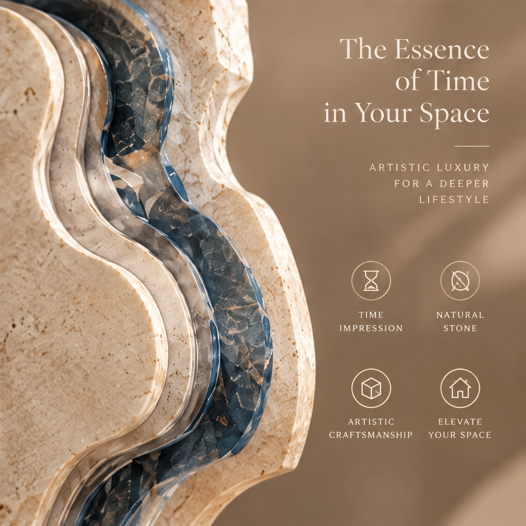 THE ESSENCE OF TIME IN YOUR SPACE – Artistic Luxury for a Deeper Lifestyle. Time Impression, Natural Stone, Artistic Craftsmanship, Elevate Your Space. Extreme close-up macro of layered stone and blue-grey flowing inlay texture in warm directional light