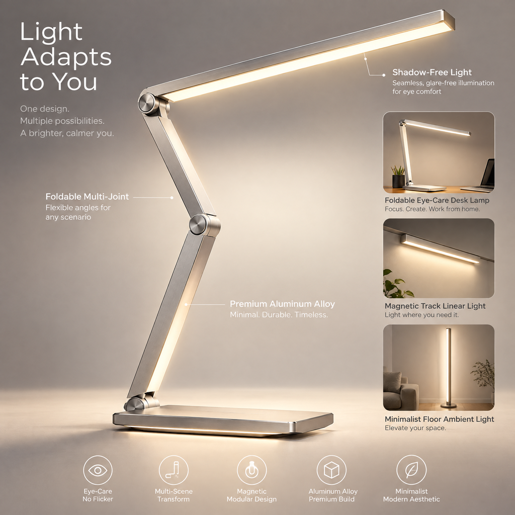 TOWWIY® foldable eye-care desk lamp overview — eye-care no flicker, multi-scene transform, magnetic modular design, aluminum alloy premium build, minimalist modern aesthetic