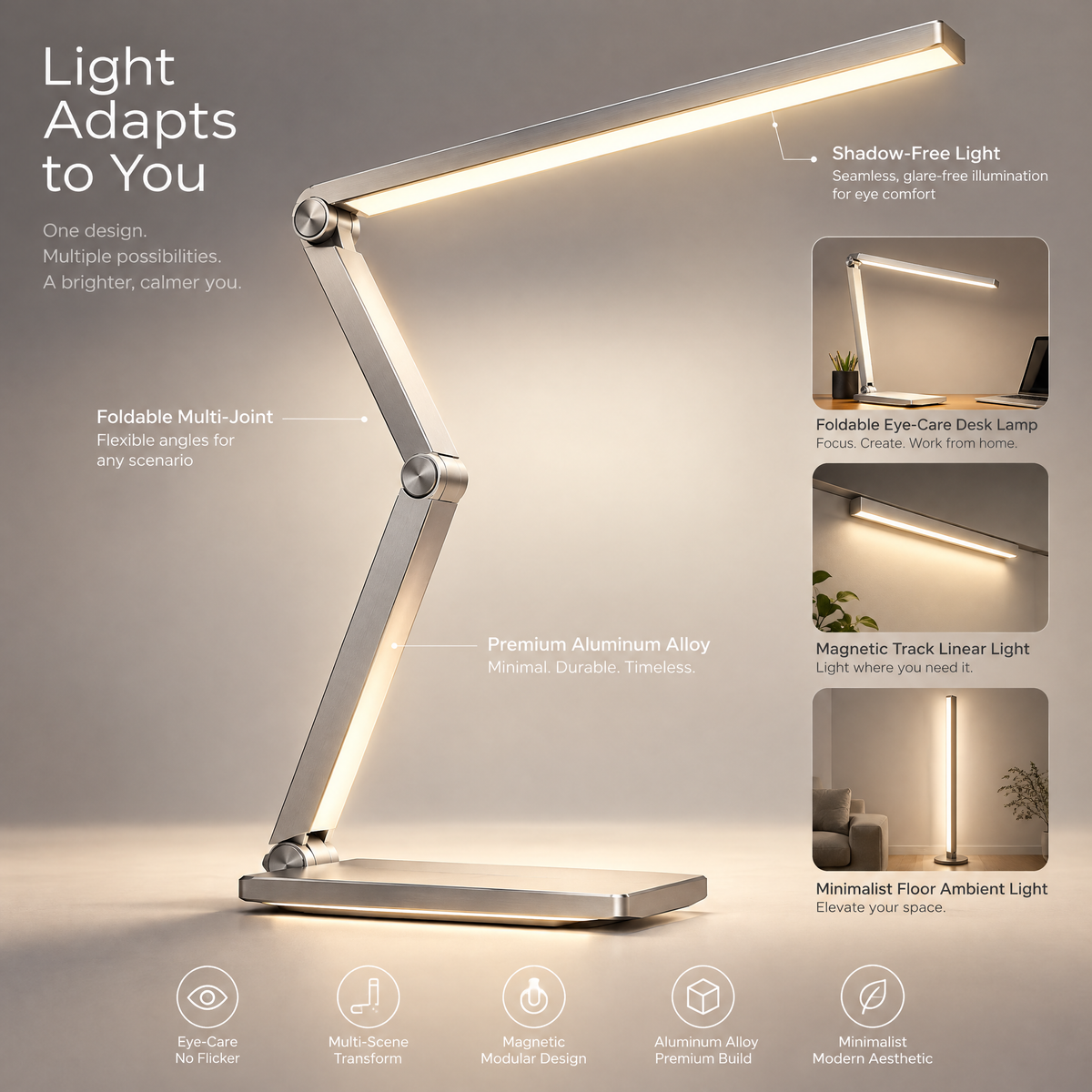 TOWWIY® foldable eye-care desk lamp overview — eye-care no flicker, multi-scene transform, magnetic modular design, aluminum alloy premium build, minimalist modern aesthetic